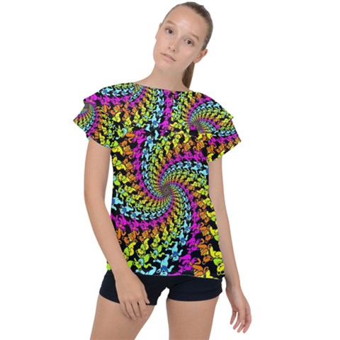 3d Grateful Dead 90 s Neon Dancing Bears Ruffle Collar Chiffon Blouse by Perong