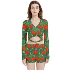 Poppy Fierce Wolf Poppies Bud Velvet Wrap Crop Top And Shorts Set by Perong