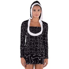 Enigmatic Demon Black And White Pattern Long Sleeve Hooded T-shirt by dflcprintsclothing