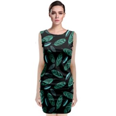 Leaves Pattern Abstract Blade Sleeveless Velvet Midi Dress