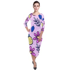 Flowers Petals Pineapples Fruit Quarter Sleeve Midi Velour Bodycon Dress