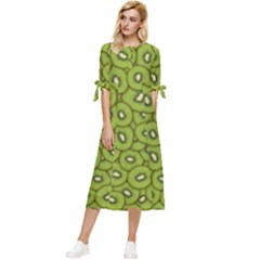 Kiwi Fruit Pattern Green Background Bow Sleeve Chiffon Midi Dress by Paksenen