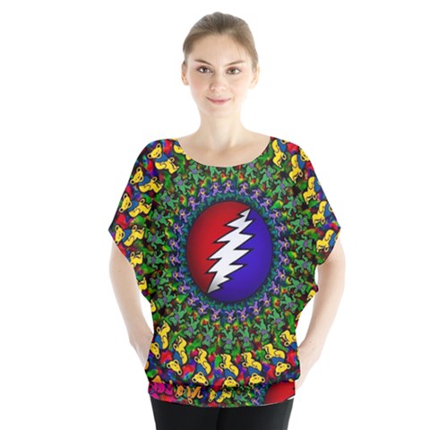 Grateful Dead Bear Pattern Batwing Chiffon Blouse by Maspions