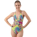 Fractal Spiral Abstract Background Vortex Yellow Halter Cut-Out One Piece Swimsuit View1