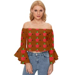 Apple Arrow Pattern Design Drawing Off Shoulder Flutter Bell Sleeve Top