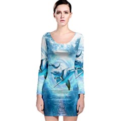 Dolphin Blue Sea Fantasy Long Sleeve Bodycon Dress by Maspions