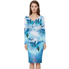 Dolphin Blue Sea Fantasy Long Sleeve V-neck Bodycon Dress  by Maspions