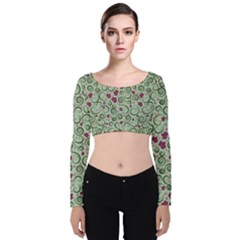 Swirls Foliage Leaves Green Velvet Long Sleeve Crop Top