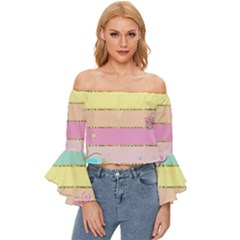 Pastel, Butterfly, Spring, Stripes, Off Shoulder Flutter Bell Sleeve Top