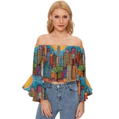 City New York Nyc Skyscraper Skyline Downtown Night Business Urban Travel Landmark Building Architec Off Shoulder Flutter Bell Sleeve Top