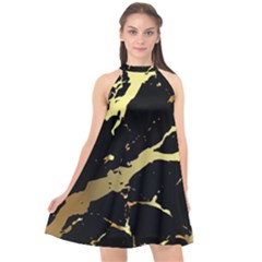 Marble Black, Kiss, Gold, Pretty Halter Neckline Chiffon Dress 