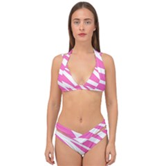 White Pink Stripes, Pattern Double Strap Halter Bikini Set