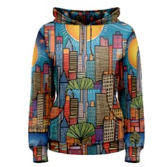 City New York Nyc Skyscraper Skyline Downtown Night Business Urban Travel Landmark Building Architec Women s Pullover Hoodie by Posterlux