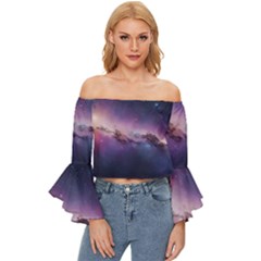 Cosmic Dreamscape Print (ai) Black Backgrond Off Shoulder Flutter Bell Sleeve Top