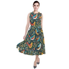 Birds Pattern Flowers Whimsical Round Neck Boho Dress