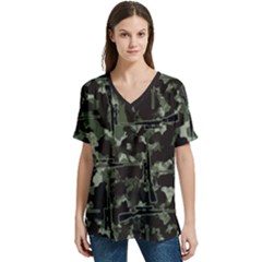 Precision Pursuit: Hunting Motif Camouflage Pattern V-neck Split Shoulder Casual T-shirt by dflcprintsclothing