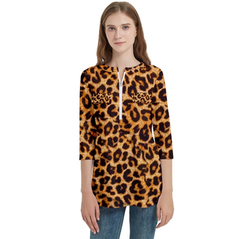 Leopard Skin Texture Macro, Brown Women s Zip Front V-neck 3/4 Sleeve Casual Top Pocket Shirt by kyorashop23