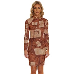 Retro Education Texture, Creative Education Background Long Sleeve Shirt Collar Bodycon Dress