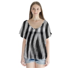 Zebra Texture, Zebra Wool, White Black Background V-neck Flutter Sleeve Top by kyorashop23