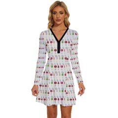 Wine Glass Pattern Long Sleeve Deep V Mini Dress 