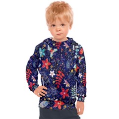 Festive Floral Pattern Christmas Blue Floral Flower Foliage Leaves Pattern Red Snow Winter Kids  Hooded Pullover