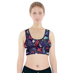 Festive Floral Pattern Christmas Blue Floral Flower Foliage Leaves Pattern Red Snow Winter Sports Bra With Pocket