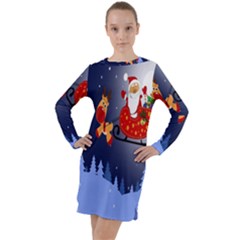 Deer Santa Claus Flying Trees Moon Night Merry Christmas Long Sleeve Hoodie Dress