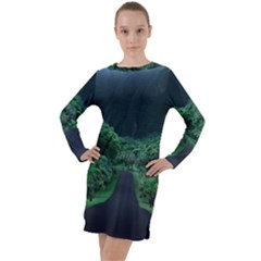 Jungle Road Hawaii Asphalt Mountains Green Long Sleeve Hoodie Dress by Bedest