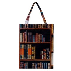 Assorted Title Of Books Piled In The Shelves Assorted Book Lot Inside The Wooden Shelf Classic Tote Bag by Bedest