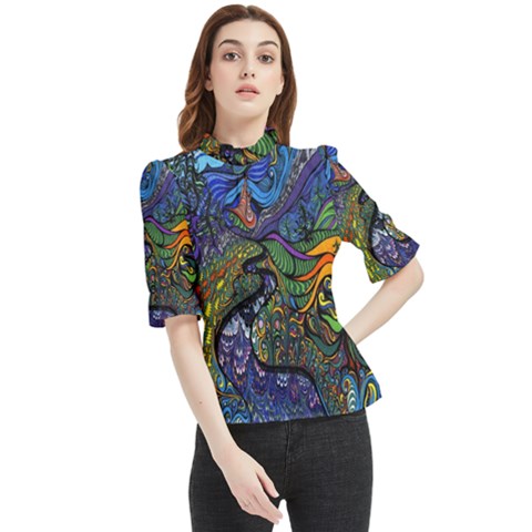 Psychedelic Digital Art Artwork Landscape Colorful Frill Neck Blouse by Bedest