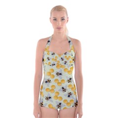 Bees Pattern Honey Bee Bug Honeycomb Honey Beehive Boyleg Halter Swimsuit  by Bedest