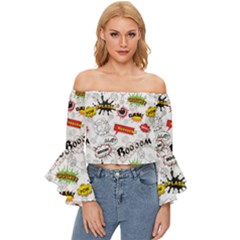 Pattern Seamless Texture Cartoon Off Shoulder Flutter Bell Sleeve Top