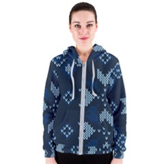 Blue Knitted Texture, Blue Christmas Background, Art Women s Zipper Hoodie