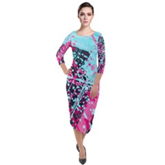 Colorful Splashes Grunge, Abstract Art Quarter Sleeve Midi Velour Bodycon Dress