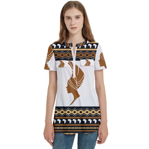 African Women Pattern Seamless Style Women s Zip Front V-neck Short Sleeve Casual Top Pocket Shirt by Bedest