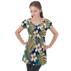 Seamless Pattern With Tropical Strelitzia Flowers Leaves Exotic Background Puff Sleeve Tunic Top by Ket1n9