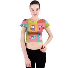 Owls Pattern, Abstract, Art, Desenho Crew Neck Crop Top