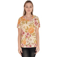 Peony Flower Pattern Background Women s V-neck Scrub Top by Grandong