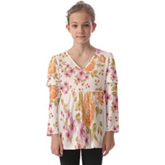 Peony Flower Pattern Background Kids  V Neck Casual Top by Grandong