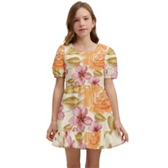 Peony Flower Pattern Background Kids  Short Sleeve Dolly Dress by Grandong