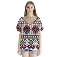 Ukrainian Folk Seamless Pattern Ethnic Ornament Border Element Traditional V-neck Flutter Sleeve Top by Grandong