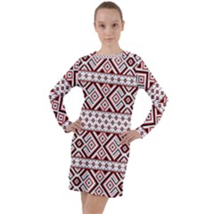 Illustration Of Ukrainian Folk Seamless Pattern Ornament Long Sleeve Hoodie Dress