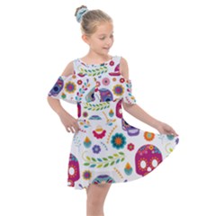 Mexican Floral With Skull Seamless Pattern Kids  Shoulder Cutout Chiffon Dress by Grandong