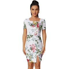 Floral Elements Peony Chinese Rose Fitted Knot Split End Bodycon Dress by Grandong