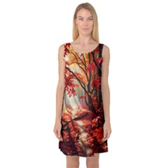 Forest Path Red Nature Sleeveless Satin Nightdress