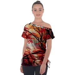 Forest Path Red Nature Off Shoulder Tie-up T-shirt