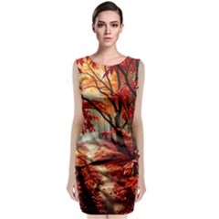 Forest Path Red Nature Sleeveless Velvet Midi Dress