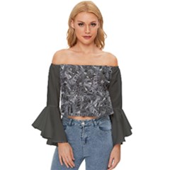 B Geologic Marine Life Motif Black And White Print Off Shoulder Flutter Bell Sleeve Top