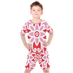 A Red And White Pattern With A Flower On It Kids  T-shirt And Shorts Set by catchydesignhill