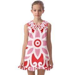 A Red And White Pattern With A Flower On It Kids  Pilgrim Collar Ruffle Hem Dress by catchydesignhill